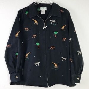 VTG Quaker Factory Black Full Zip Giraffe Zebra Monkey Jacket Women's 1X Plus